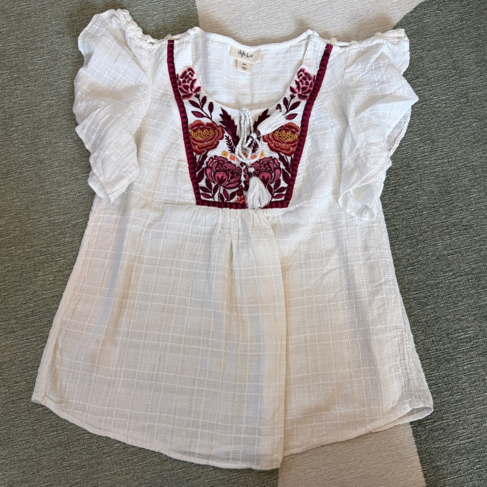 Style & Co. White Blouse with Red Embroidery